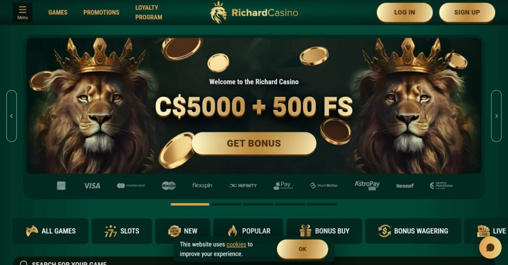 Richard Casino Homepage – lobby view with featured slots